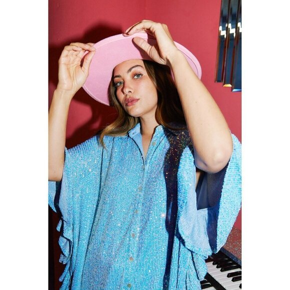 Sweet Dream Sequin Poncho Button-Down Tunic in Soft Blue - Picture 3 of 4